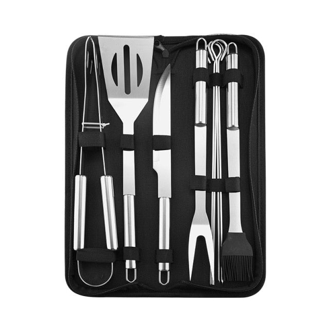 Stainless Steel BBQ Tools Set spatula fork tongs knife brush skewers Barbecue Grilling Utensil Camping Outdoor Cooking Tool Set