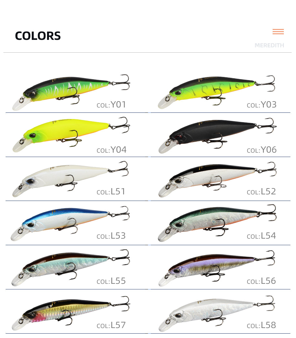 MRERDITH JERK MINNOW 100F 14g Floating Wobbler Fishing Lure 24Color Minnow Lure Hard Bait Quality Professional Depth0.8-1.0m