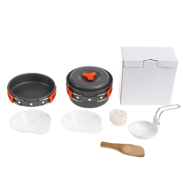 Outdoor Cookware Set Foldable Spoon Fork Knife Kettle Cup Camping Equipment Supplies 1-2 People