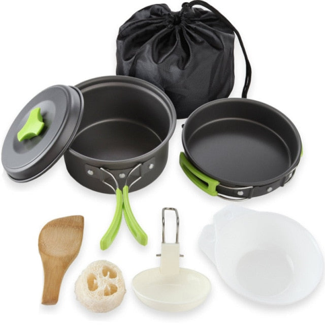 Outdoor Cookware Set Foldable Spoon Fork Knife Kettle Cup Camping Equipment Supplies 1-2 People