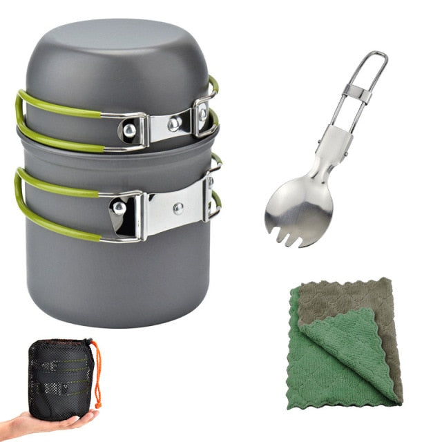 Outdoor Cookware Set Foldable Spoon Fork Knife Kettle Cup Camping Equipment Supplies 1-2 People