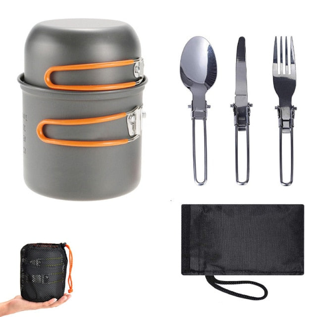 Outdoor Cookware Set Foldable Spoon Fork Knife Kettle Cup Camping Equipment Supplies 1-2 People