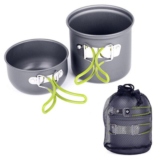 Outdoor Cookware Set Foldable Spoon Fork Knife Kettle Cup Camping Equipment Supplies 1-2 People