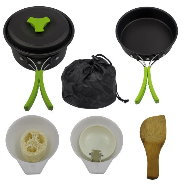 Outdoor Cookware Set Foldable Spoon Fork Knife Kettle Cup Camping Equipment Supplies 1-2 People