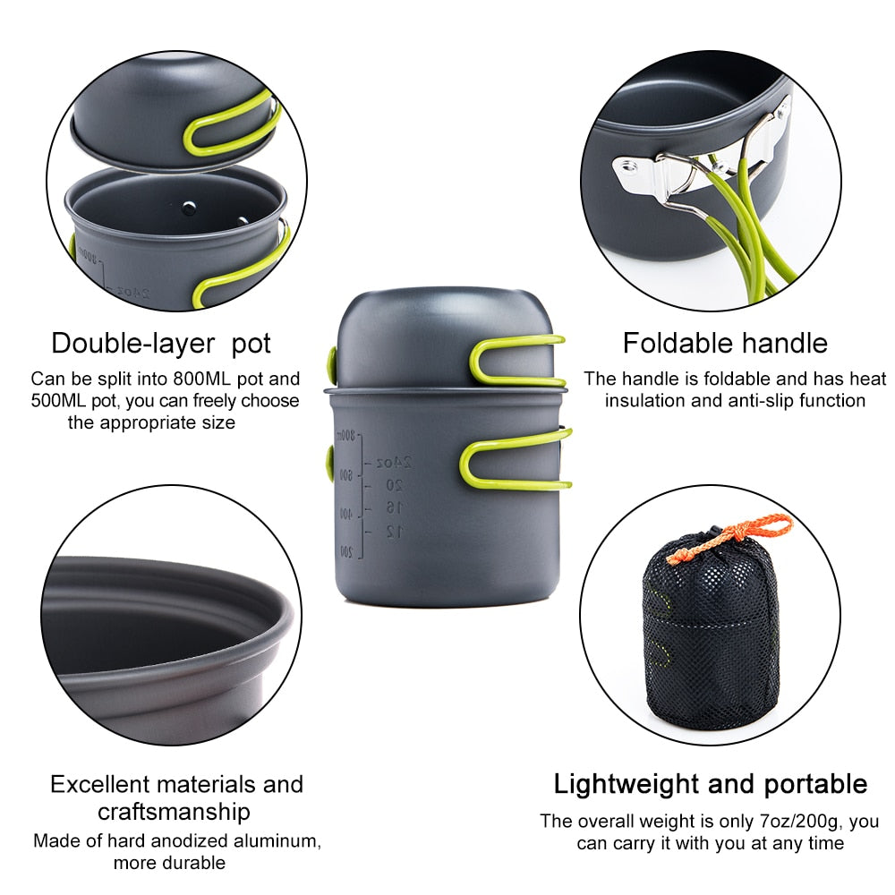 Outdoor Cookware Set Foldable Spoon Fork Knife Kettle Cup Camping Equipment Supplies 1-2 People