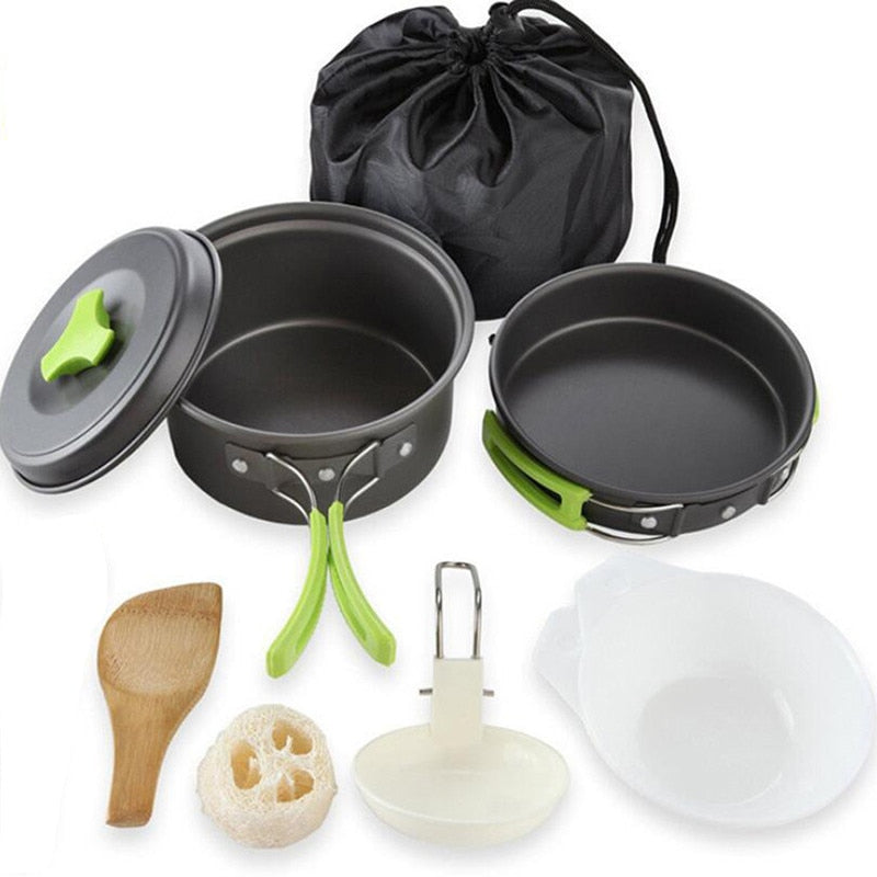 Outdoor Cookware Set Foldable Spoon Fork Knife Kettle Cup Camping Equipment Supplies 1-2 People