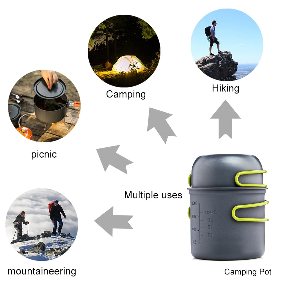 Outdoor Cookware Set Foldable Spoon Fork Knife Kettle Cup Camping Equipment Supplies 1-2 People