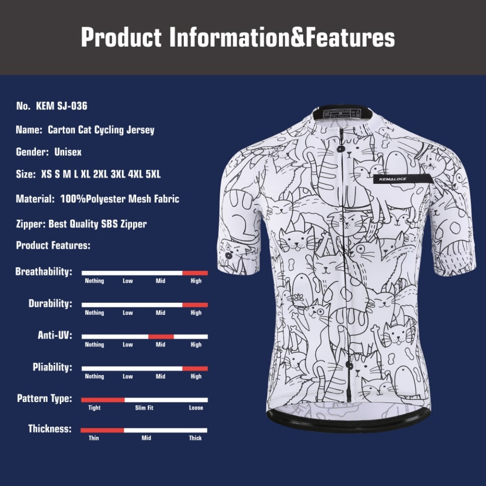 Breathable Unisex White Cartoon Cat Cycling Jersey Spring Anti-Pilling Eco-Friendly Bike Clothing Top Road Team Bicycle