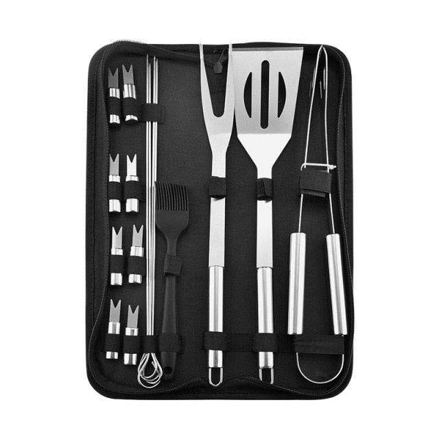 Stainless Steel BBQ Tools Set spatula fork tongs knife brush skewers Barbecue Grilling Utensil Camping Outdoor Cooking Tool Set