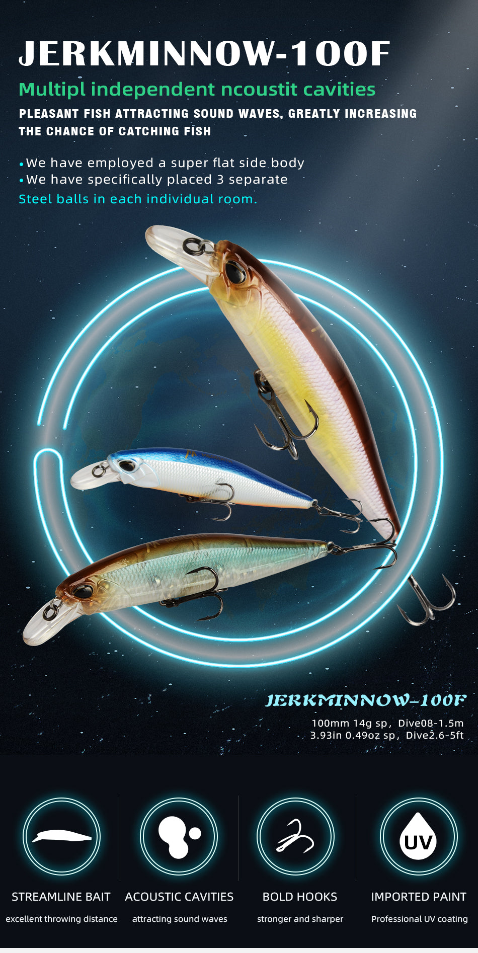 MRERDITH JERK MINNOW 100F 14g  Floating Wobbler Fishing Lure 24Color Minnow Lure Hard Bait Quality Professional Depth0.8-1.0m