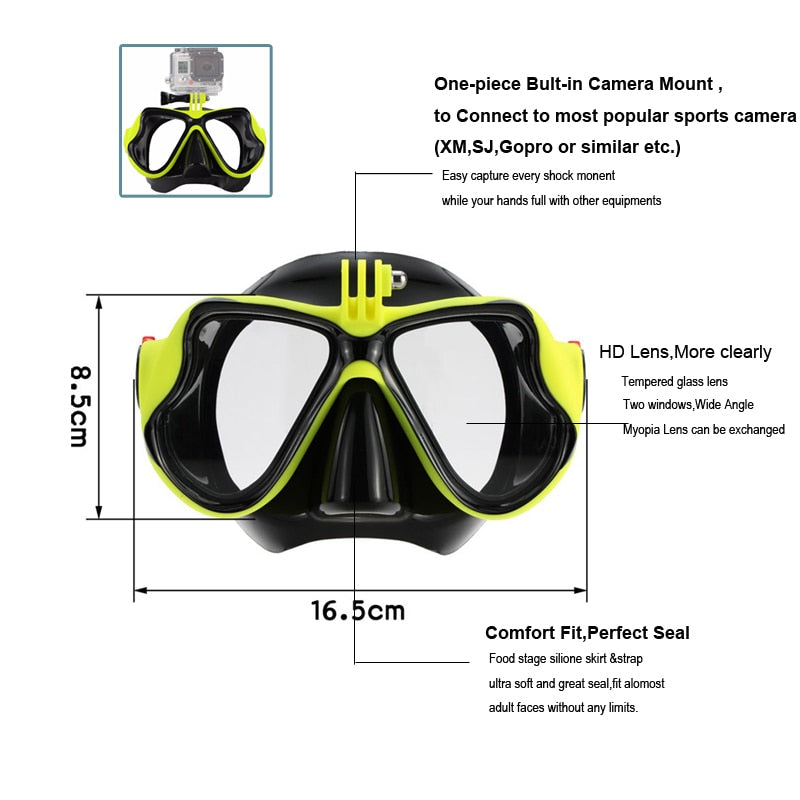 Twin Tempered Glass Diving Goggles w/ Camera Mount